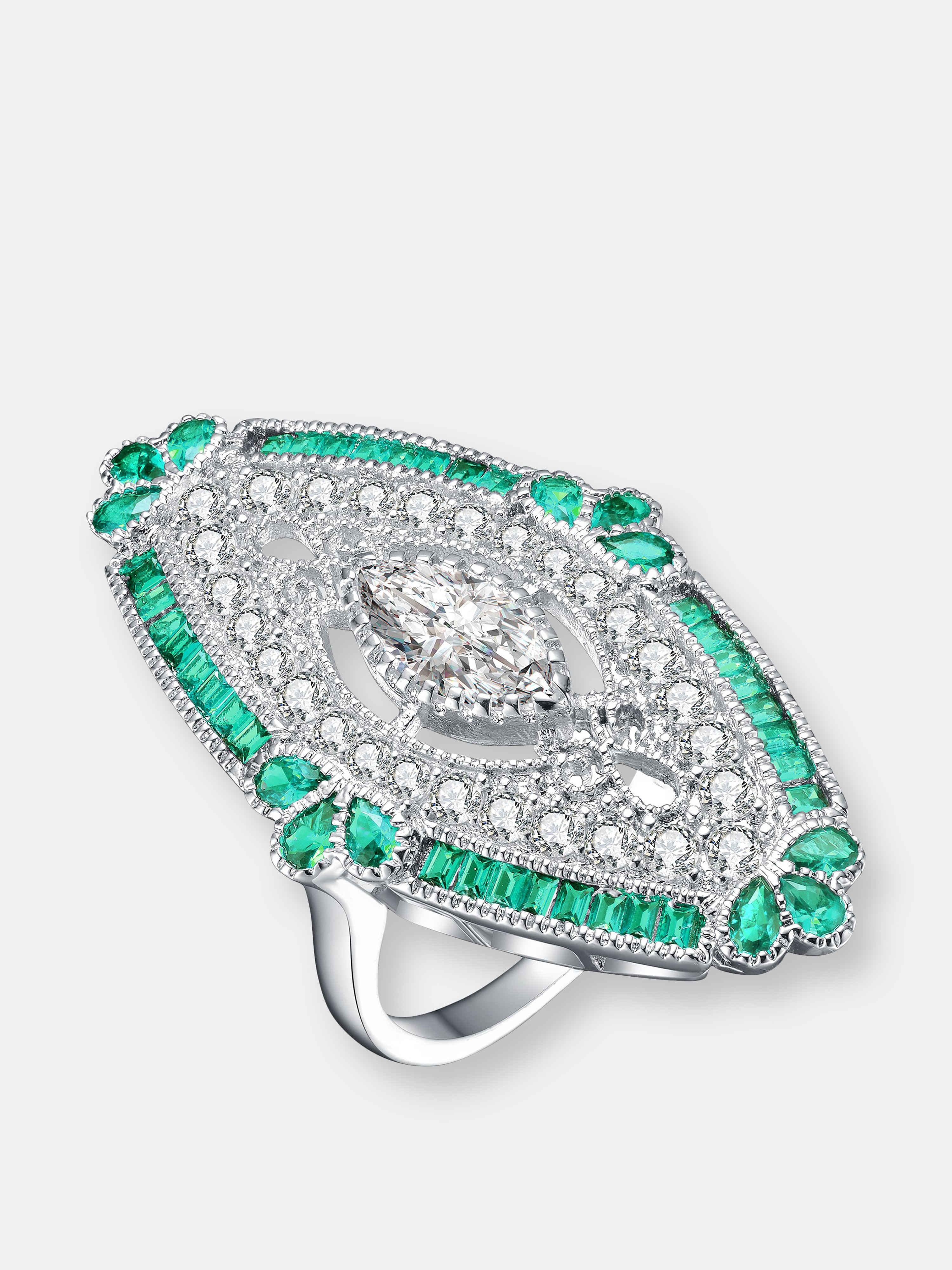 GENEVIVE GENEVIVE STERLING SILVER EMERALD CUBIC ZIRCONIA COCTAIL RING