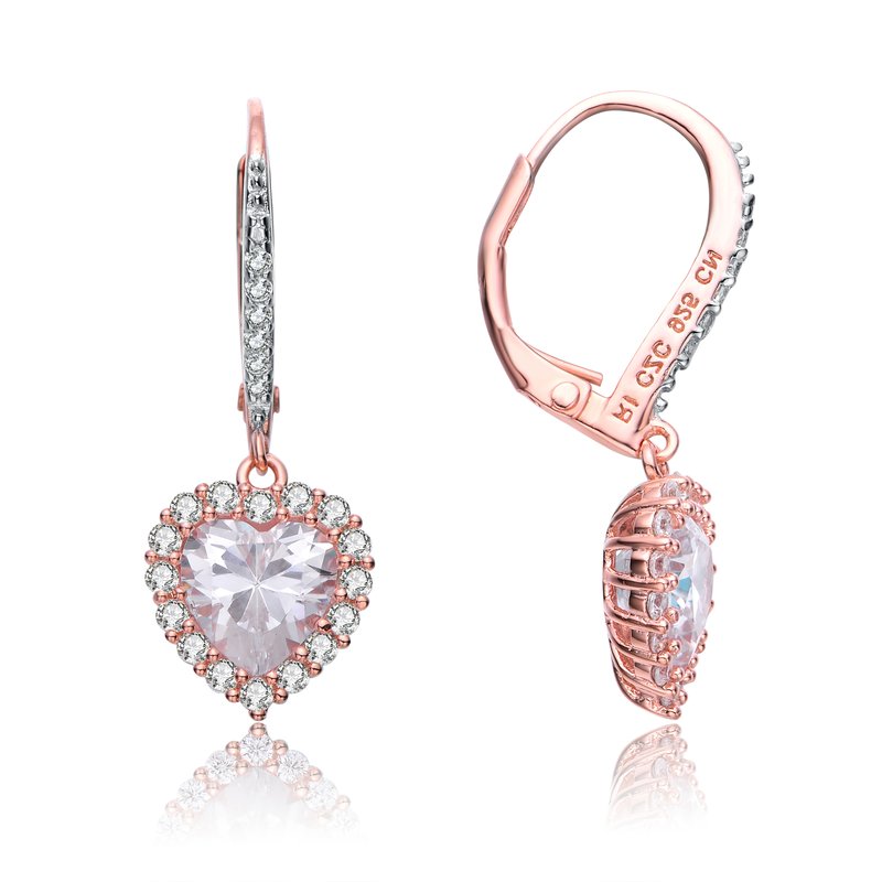 Shop Genevive Sterling Silver Gold Plated Cubic Zirconia Pear Heart Pave Halo Drop Dangle Earrings In Pink
