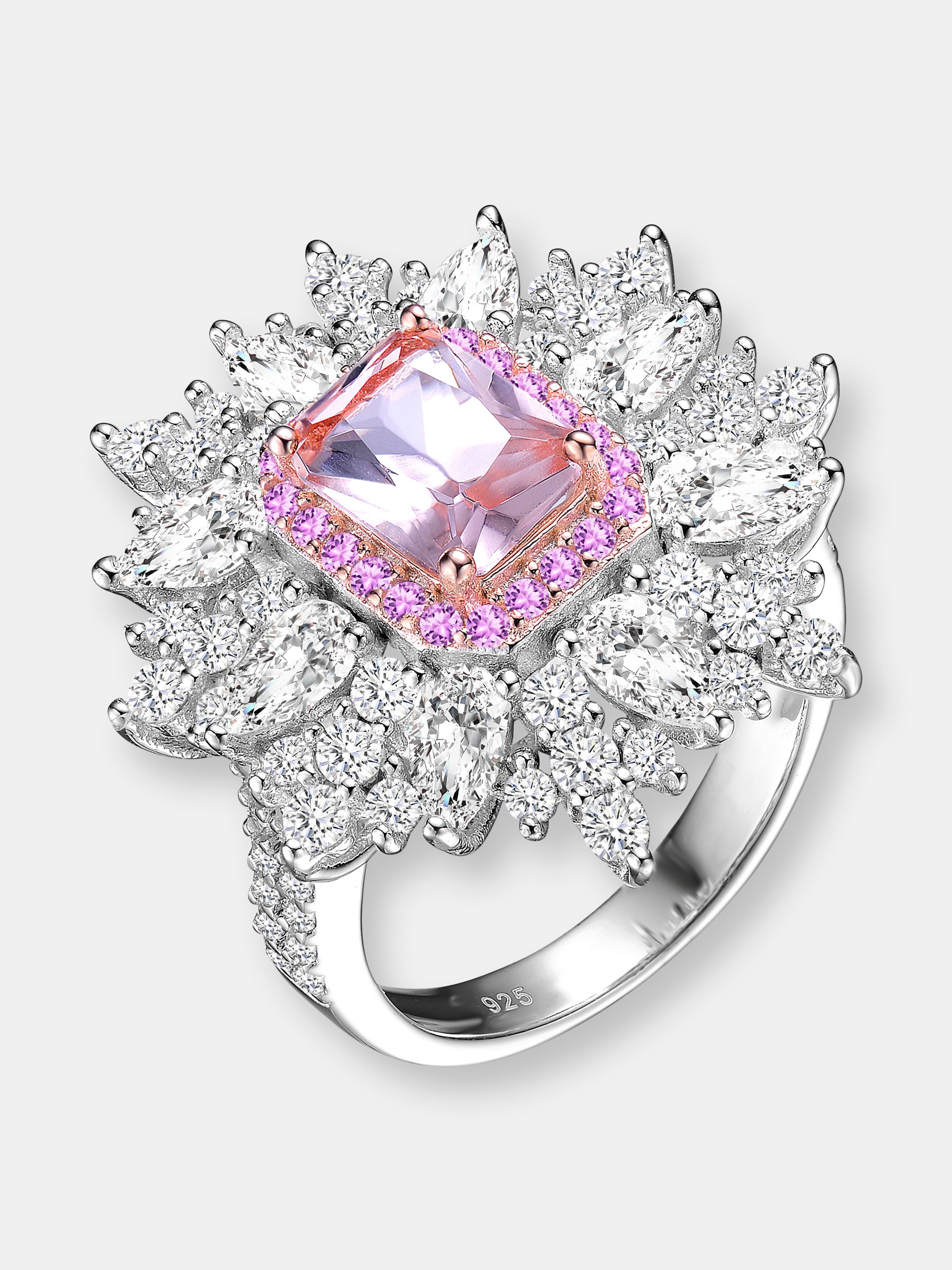 GENEVIVE GENEVIVE STERLING SILVER ROSE GOLD PLATED MORGANITE CUBIC ZIRCONIA COCTAIL RING