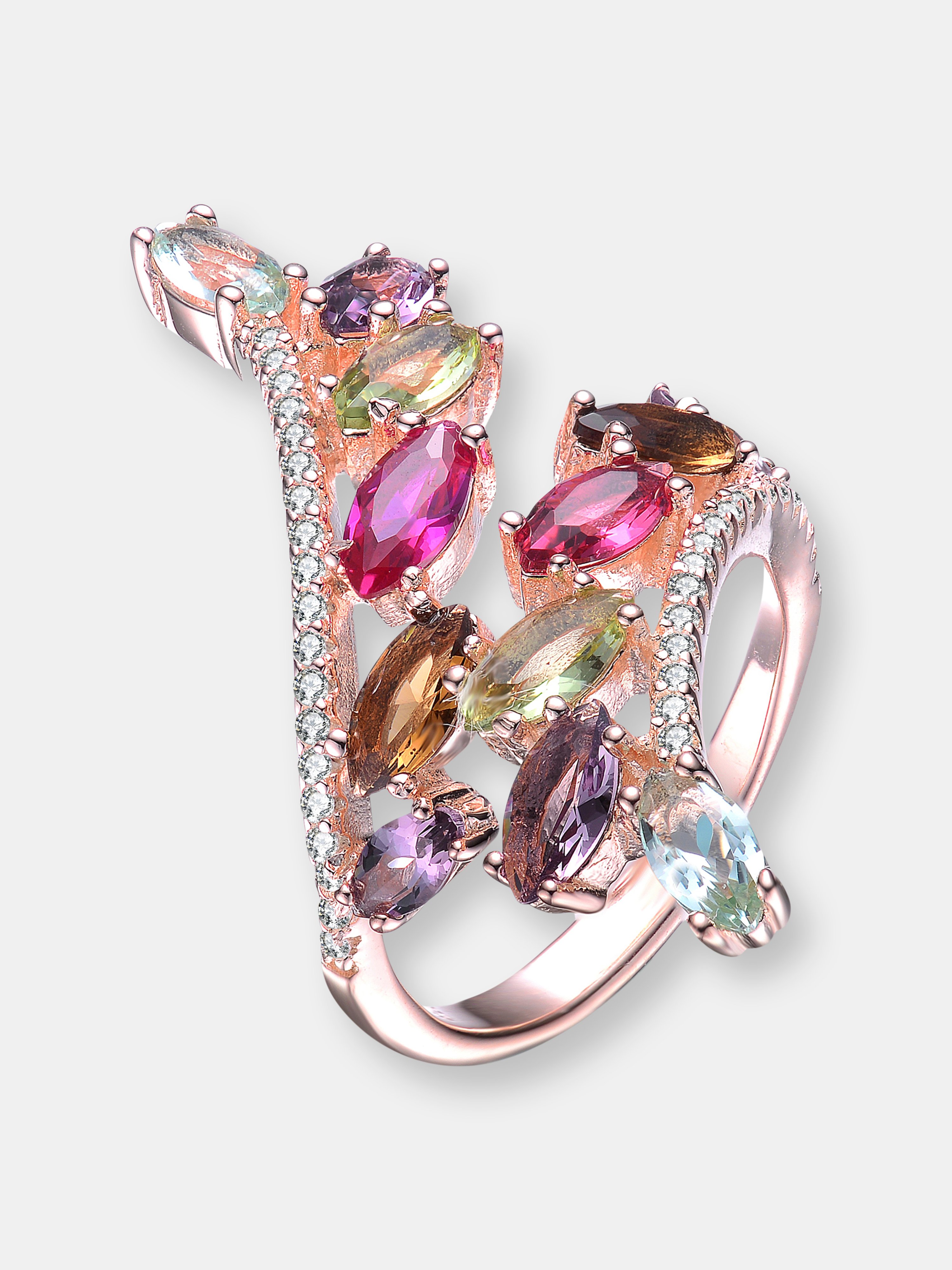 GENEVIVE GENEVIVE STERLING SILVER ROSE GOLD PLATED MULTI COLORED CUBIC ZIRCONIA COCTAIL RING
