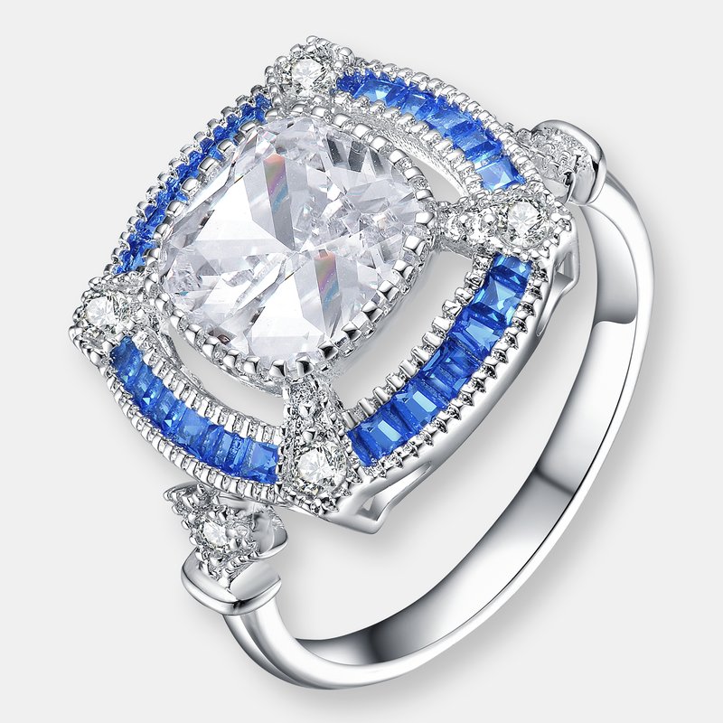 Shop Genevive Sterling Silver White Gold Plated With Baguette And Round Colored Cubic Zirconia Modern Ring In Blue