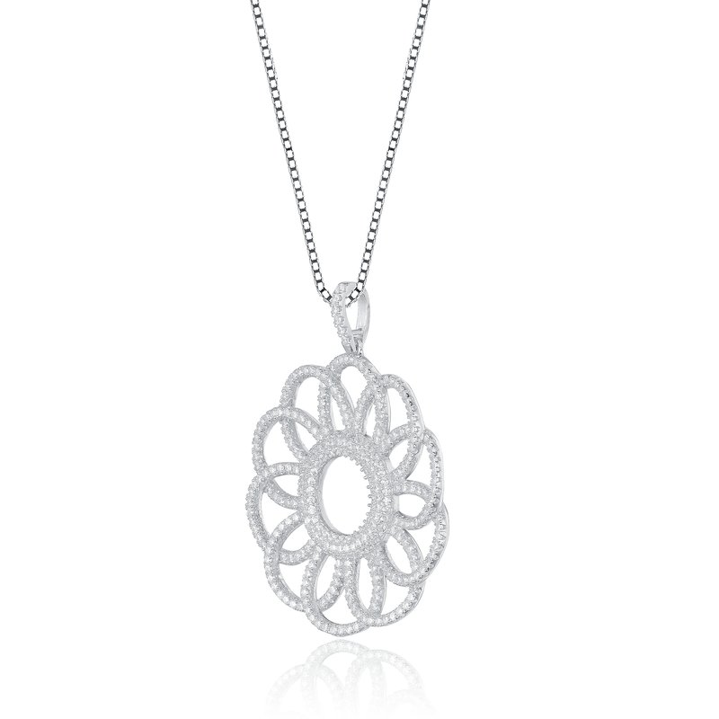 Shop Genevive Sterling Silver White Cubic Zirconia Floral Pendant Necklace In Grey
