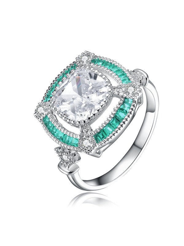 Shop Genevive Sterling Silver White Gold Plated With Baguette And Round Colored Cubic Zirconia Modern Ring In Green