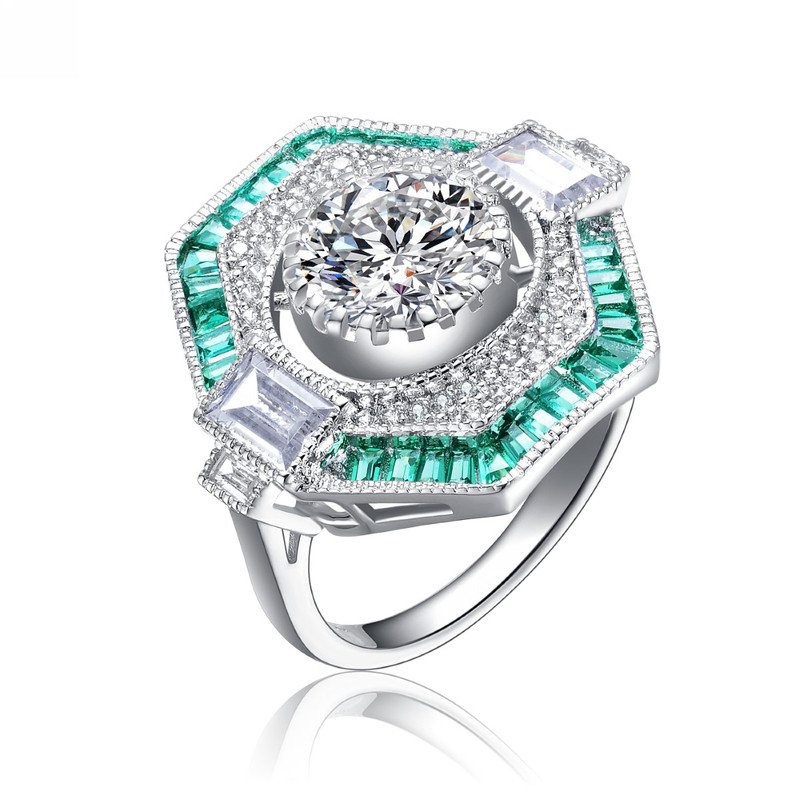Shop Genevive Sterling Silver White Gold Plated With Baguette And Round Cubic Zirconia Modern Ring In Green