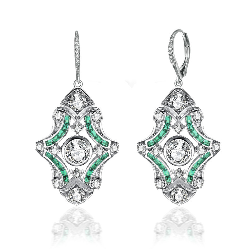 Genevive Sterling Silver White Gold Plated With Colored Cubic Zirconia Art Deco Lever Back Earrings In Green