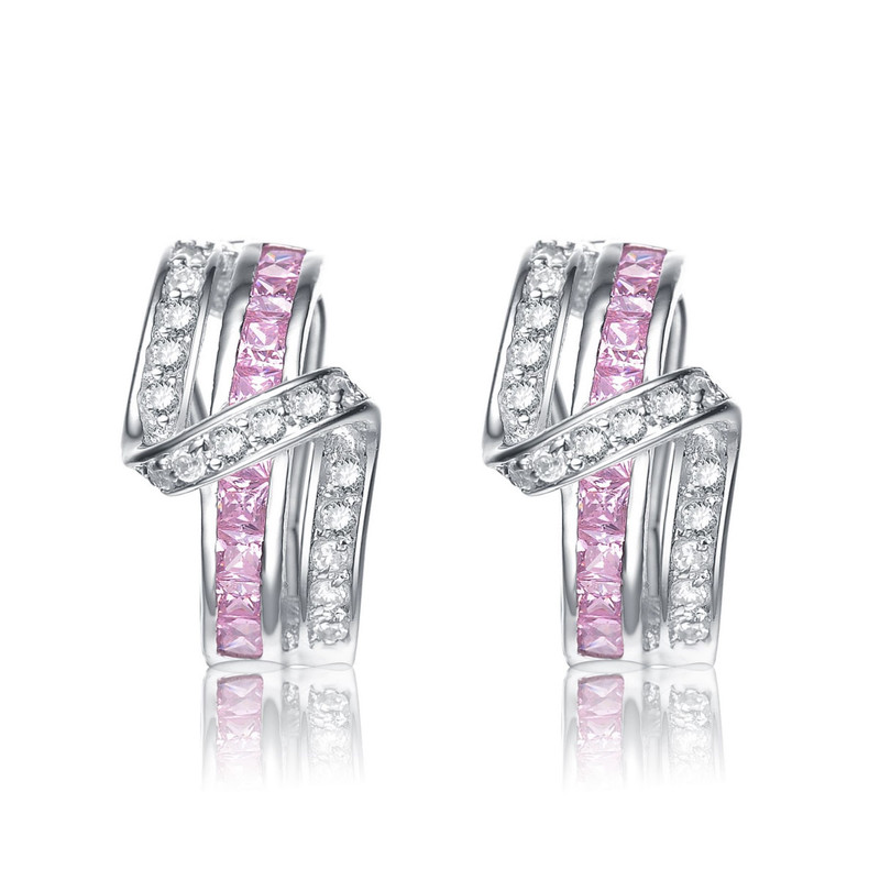 Genevive Sterling Silver White Gold Plated With Colored Cubic Zirconia Zig-zag Designed Omega Clasp Half Hoop In Pink