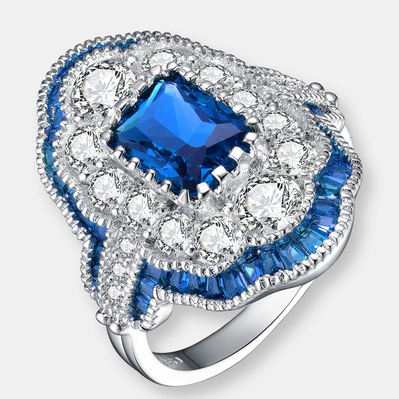 Shop Genevive Sterling Silver White Gold Plated With Radiant And Baguette Colored Cubic Zirconia Cocktail Ring In Blue