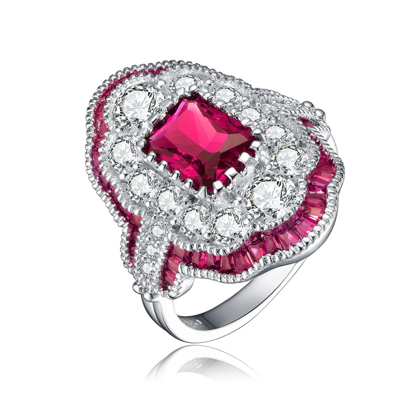 Genevive Sterling Silver White Gold Plated With Radiant And Baguette Colored Cubic Zirconia Cocktail Ring In Red