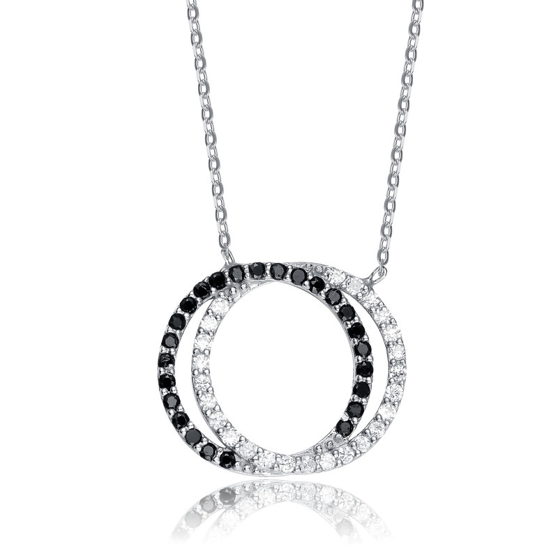 Genevive Sterling Silver White Gold Plating With Clear And Black Cubic Zirconia Double Outlined Circle Neckla
