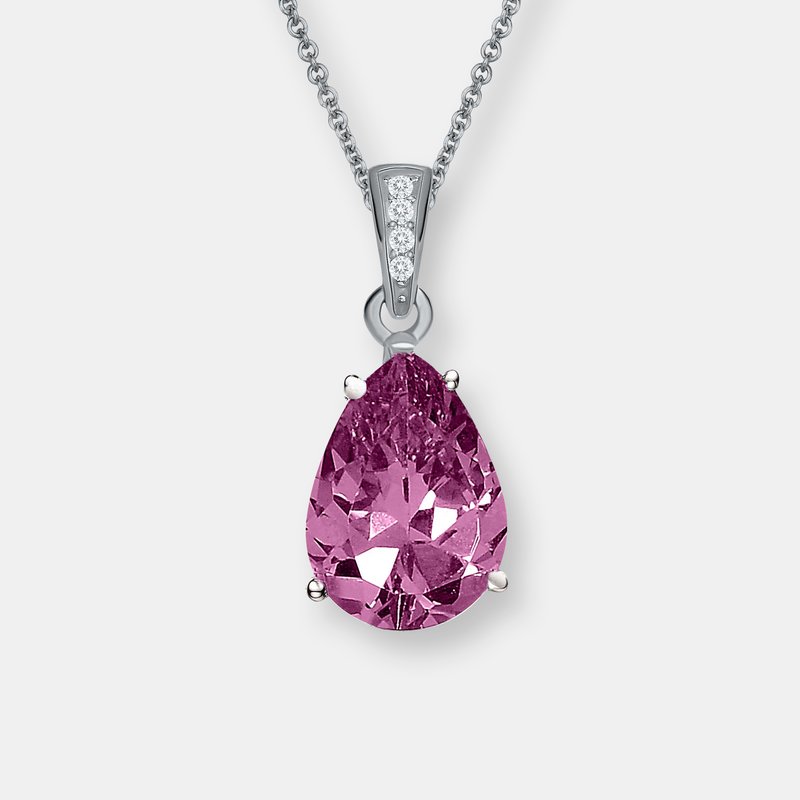 Genevive Sterling Silver White Gold Plating With Colored Cubic Zirconia Pear Drop Solitaire Necklace
