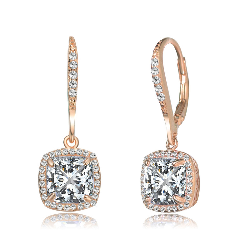 Genevive Sterling Silver With Clear Round And Radiant Cubic Zirconia Drop Earrings In Pink