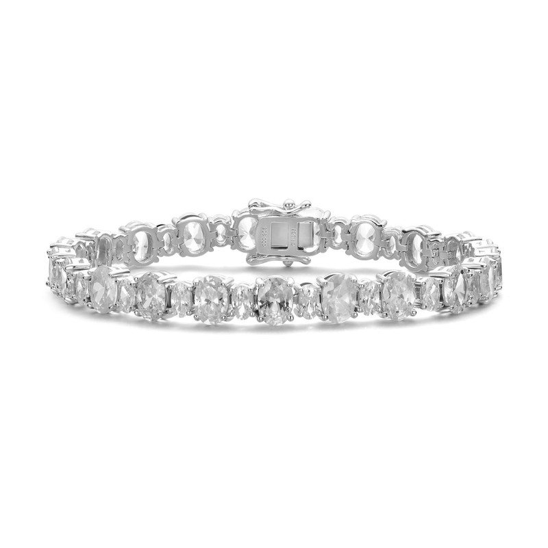 Genevive Sterling Silver White Gold Plated With Oval Cubic Zirconia Tennis Bracelet In Grey