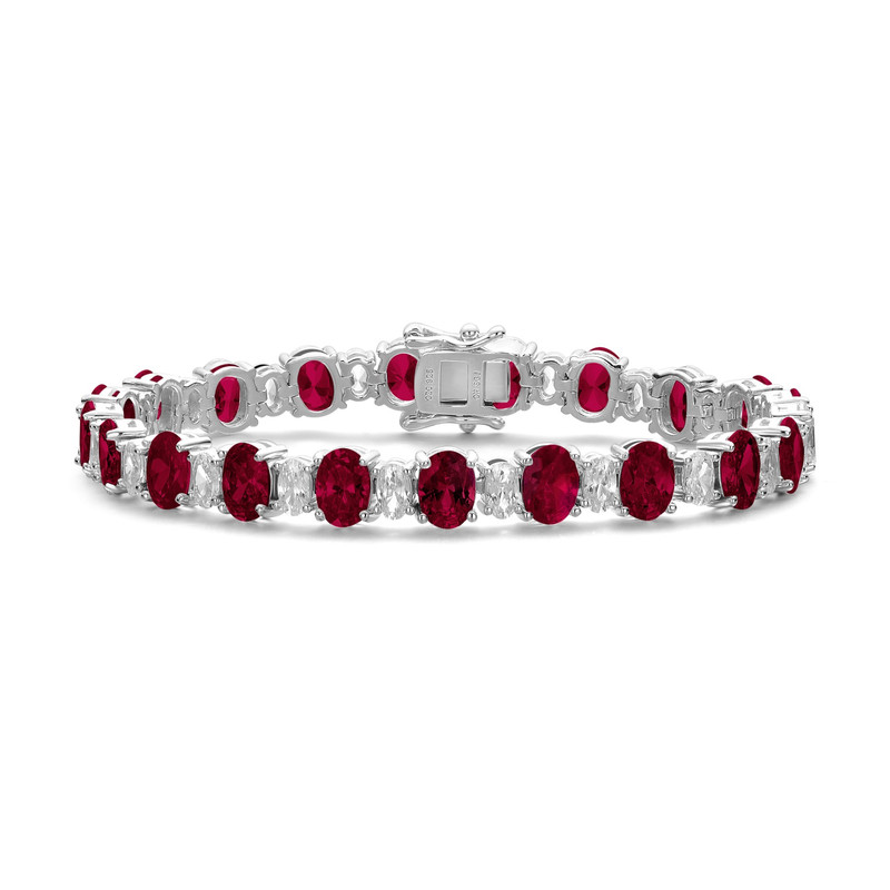 Genevive Sterling Silver With Oval Colored Cubic Zirconia Tennis Bracelet In Red
