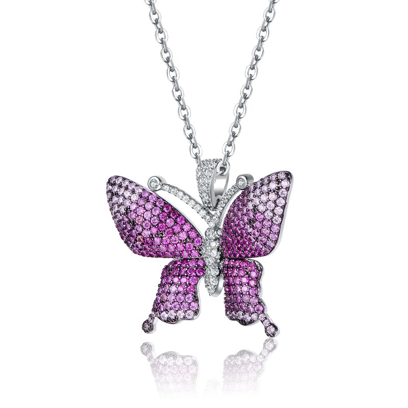 Shop Genevive Sterling Silver With Rhodium And Black Plated Long Lasting Butterfly Pendant Necklace In Purple