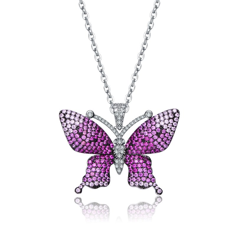 Shop Genevive Sterling Silver With Rhodium And Black Plated Long Lasting Butterfly Pendant Necklace In Purple
