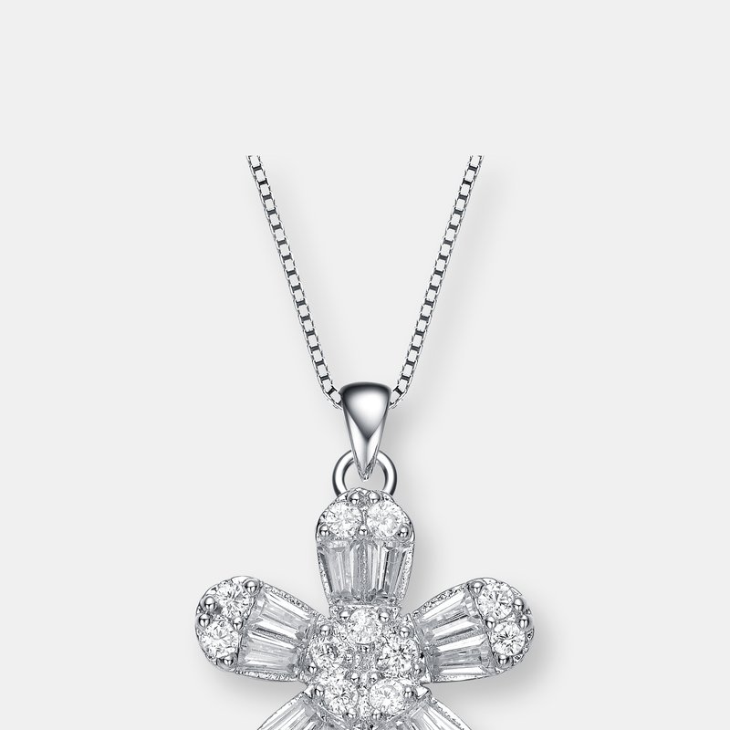 GENEVIVE STERLING SILVER WITH RHODIUM PLATED BAGUETTE CUBIC ZIRCONIA FLOWER STYLE PENDANT NECKLACE