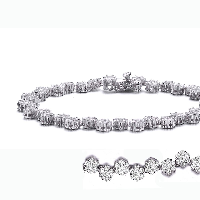 Genevive Sterling Silver With Rhodium Plated Clear Round Cubic Zirconia Cluster Flower Link Bracelet In White