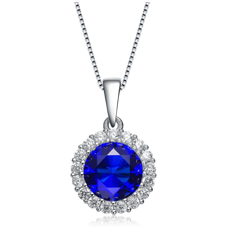 Genevive Sterling Silver With Round Colored Cubic Zirconia Pendant Necklace In Blue