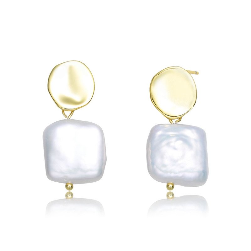Genevive Very Stylish Sterling Silver With 14k Yellow Gold Plating With Genuine Freshwater Pearl Dangling Ear