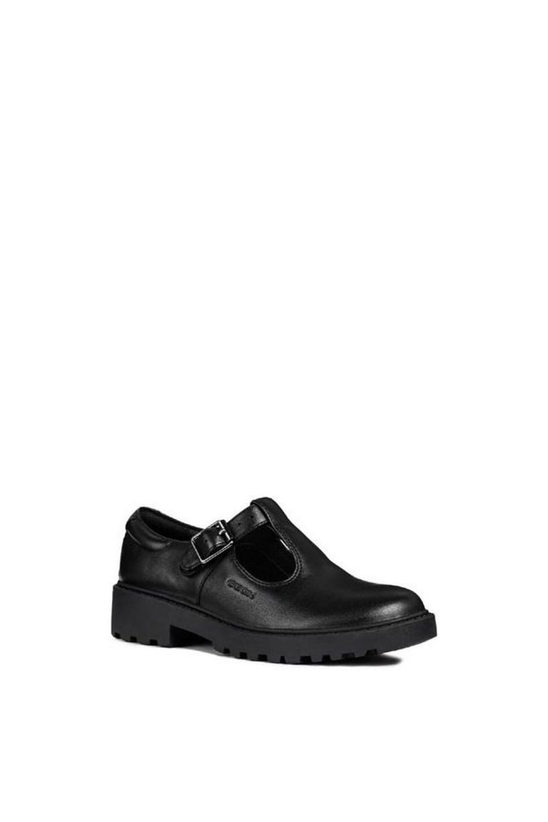Geox Girls J Casey G. E Leather School Shoe (Black) - Black