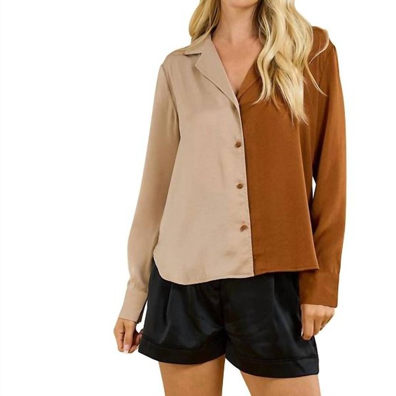 Glam Button Down Color Block Shirt In Brown