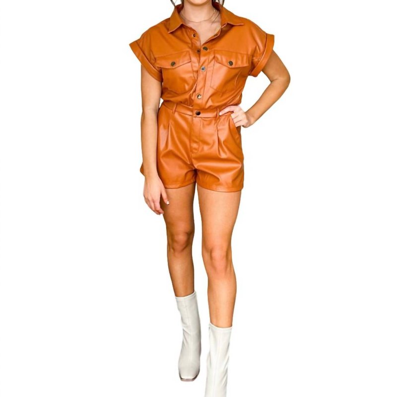 Shop Glam Faux Leather Romper In Camel In Brown