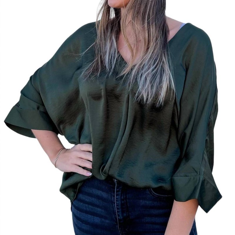 Shop Glam V-neck Wide Sleeve Satin Top In Green