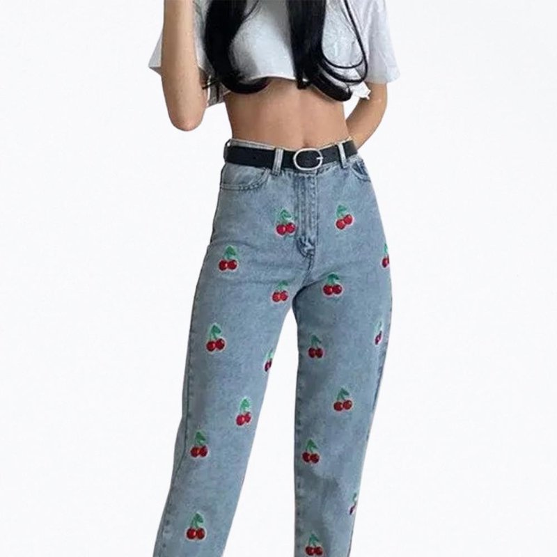 Shop Grace & Lace High-rise Cherry-embroidered Tapered Jeans In Blue