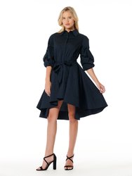 High-Low Shirtwaist Dress With Pinched Detail Sleeves - Navy
