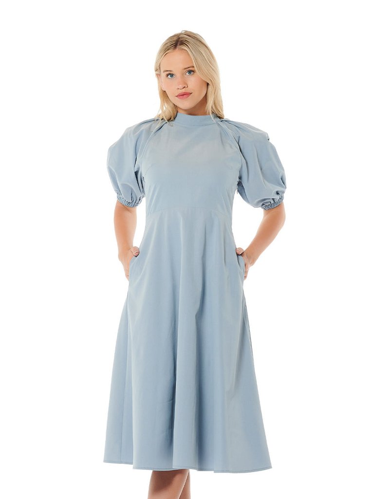Long Solid Dress W/Shirred Back & Puffed Sleeves - Blue