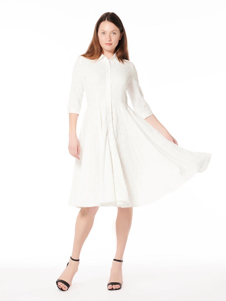 Solid 3/4 Sleeve Collared A-Line Midi Dress - White