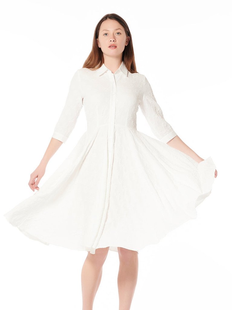Solid 3/4 Sleeve Collared A-Line Midi Dress