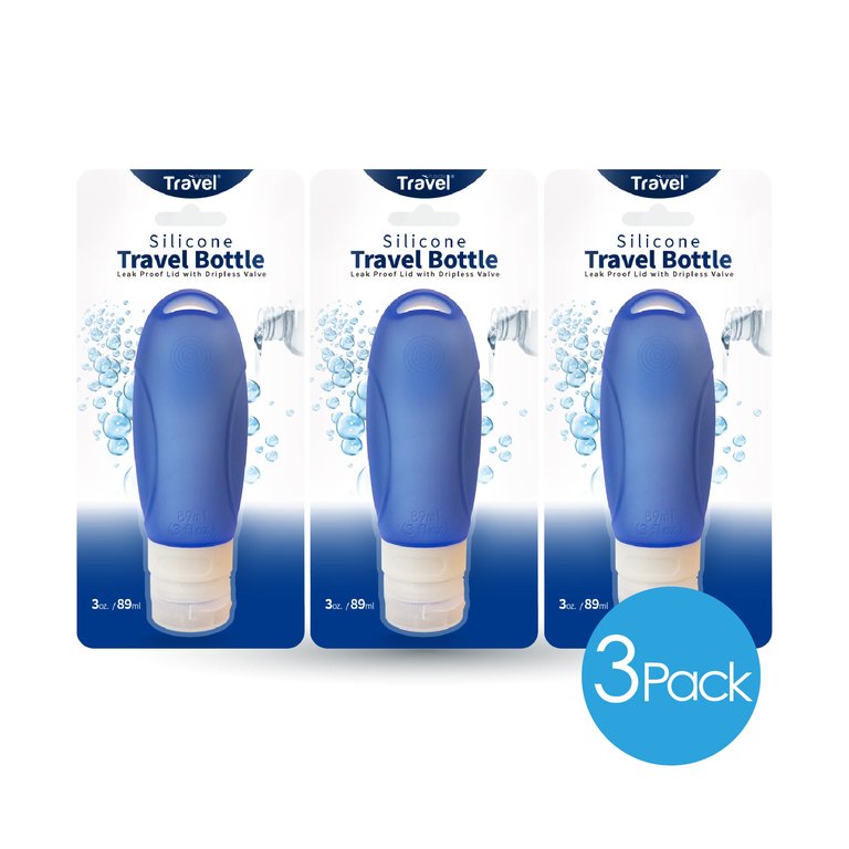 Silicone Travel Bottle 3 PK with Suction Cup And Leakproof Cap - Blue