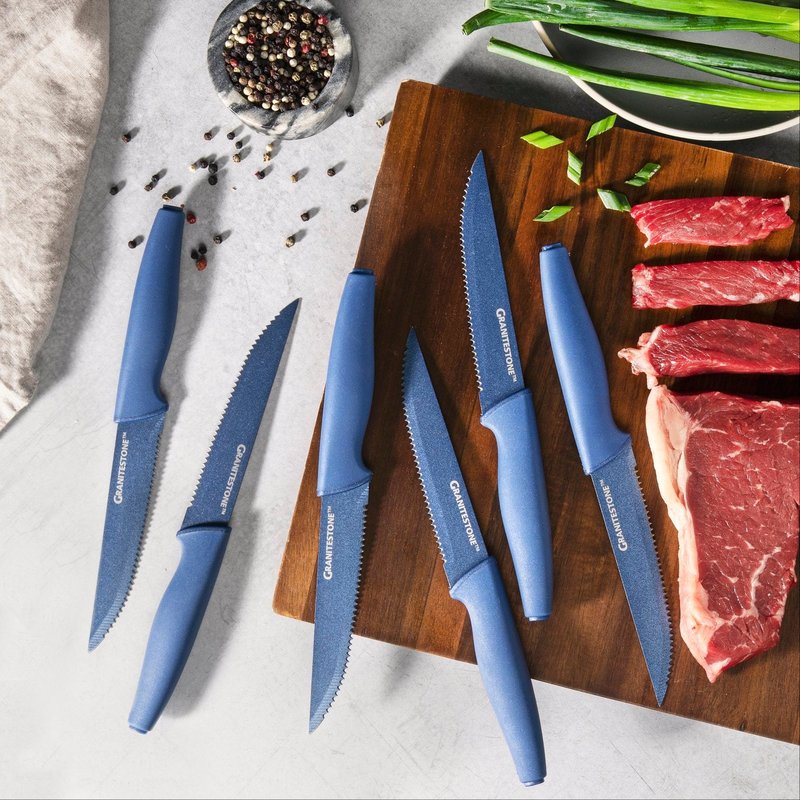 Granitestone Nutriblade 6-piece Steak Knives With Comfortable Handles, Stainless Steel Serrated Blades In Blue