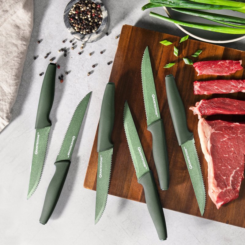 Granitestone Nutriblade 6-piece Steak Knives With Comfortable Handles, Stainless Steel Serrated Blades In Green