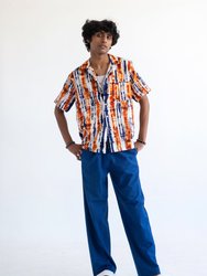'Desi' Short Sleeve Camp Collar Blue and Orange Batik Print