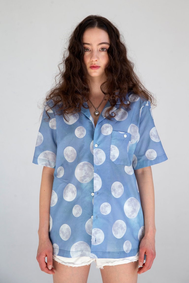 'Desi' Short Sleeve Camp Collar Sky Blue Daytime Moon Print - Sky Blue