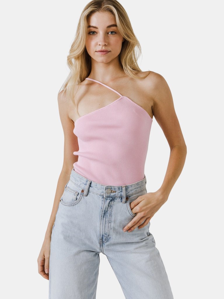 One Shoulder Strap Knit Tank Top - Pink
