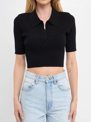 Ribbed Polo Knit Top With Side Slit