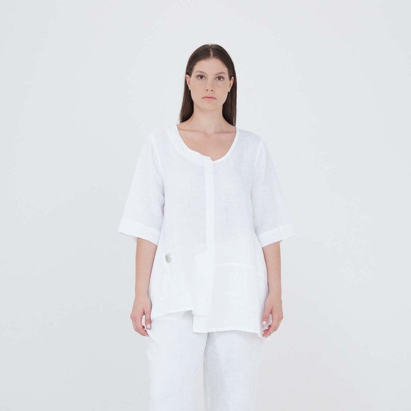 Haris Cotton Asymmetric Neckline Curve Blouse With Front Pocket In White