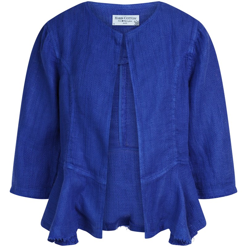 Shop Haris Cotton Linen Jacket With 3/4 Sleeves In Blue