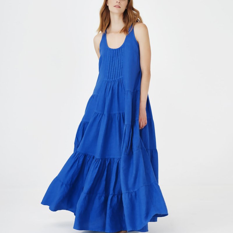 Haris Cotton Linen Maxi Strap Dress With Ruffles In Blue