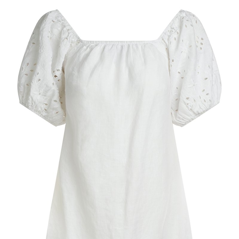 Haris Cotton Linen Mini Dress With Embroidered Puffy Sleeves In White