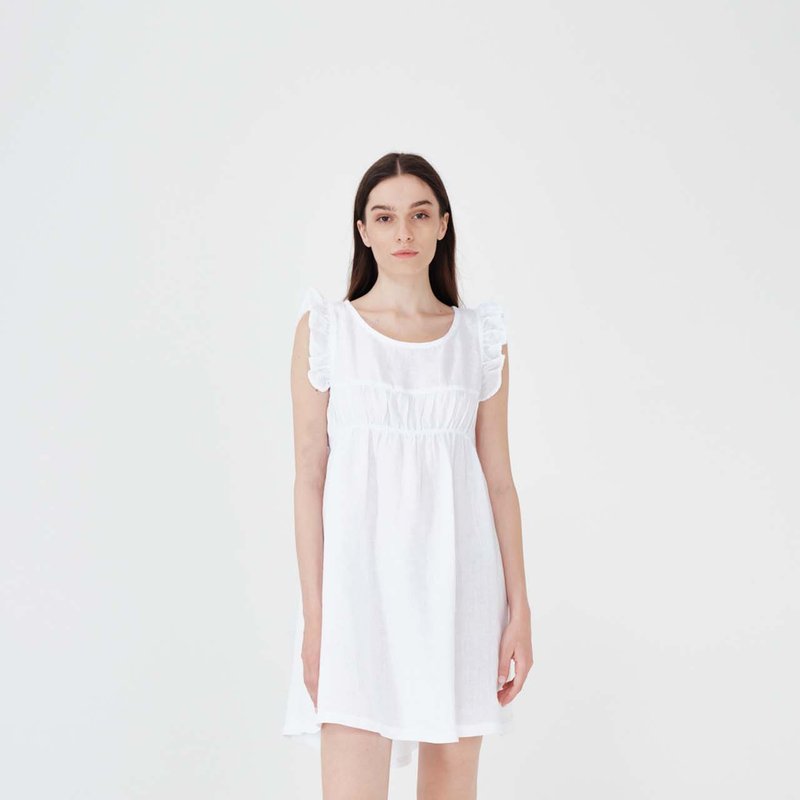 Haris Cotton Linen Mini Dress With Ruffles And Elastic On Upper Body In White