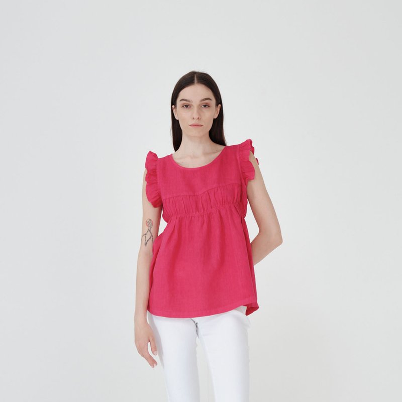 Haris Cotton Sleeveless Linen Blouse With Side Ruffles In Pink