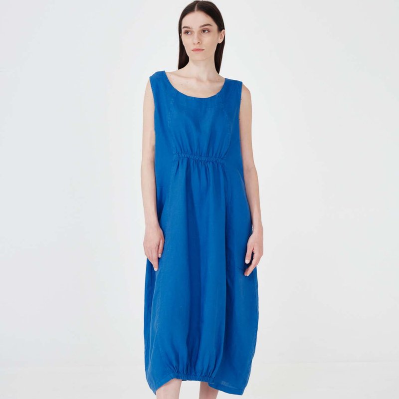 Haris Cotton Sleeveless Linen Midi Dress With Elastic Details In Blue