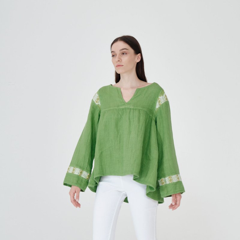 Haris Cotton 'v" Neck Linen Blouse With Bell Sleeves And Embroidered Panels In Green
