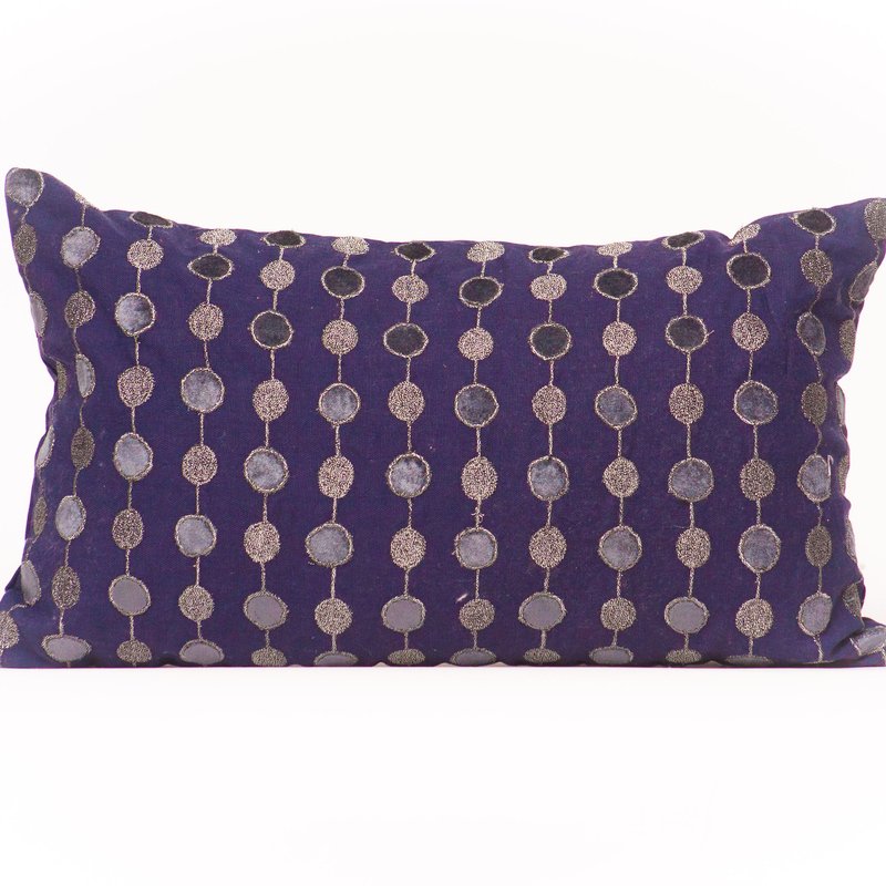 Harkaari Beaded Embroidered Line And Circle Pattern Lumbar Throw Pillow In Blue