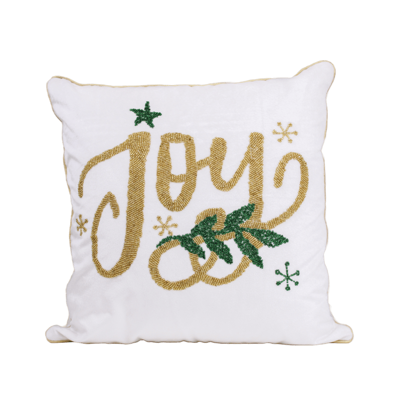 Harkaari Velvet Hand Beaded Holiday Joy Pillow In White