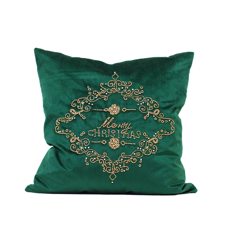 Harkaari Velvet Hand Beaded Merry Christmas Pillow In Green